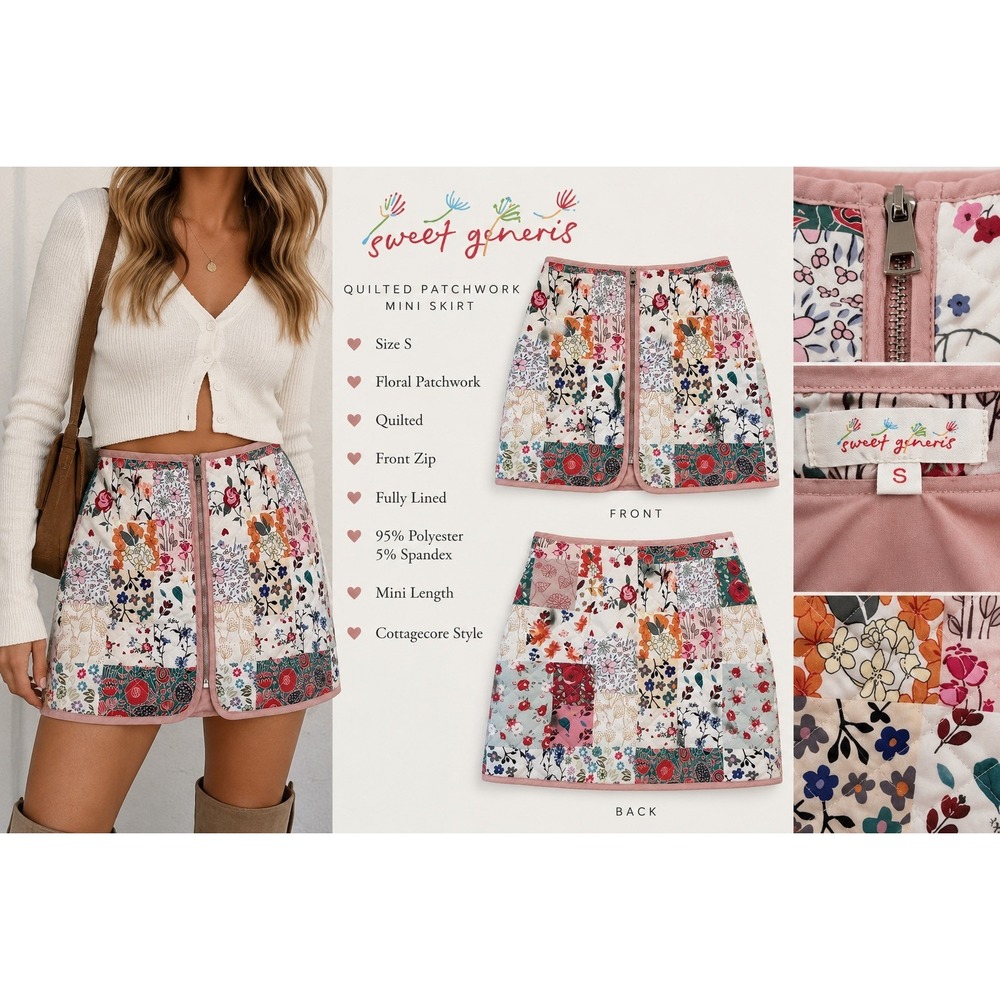 Quilted Patchwork Skirt Floral Mini Cottagecore Boho Sweet Generis S Zip Front
